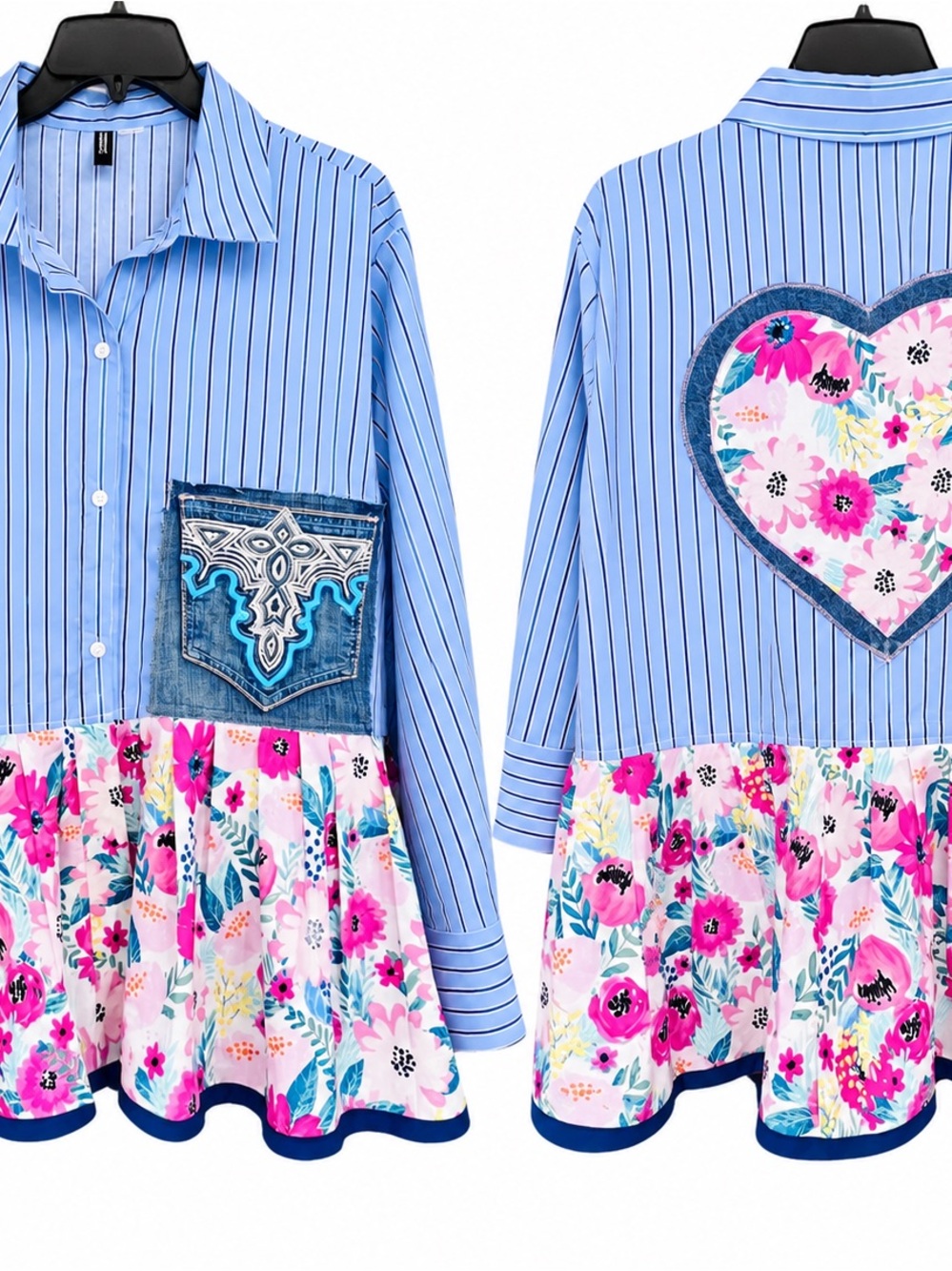 Chance by Aloha Refashioned Floral Peplum Shirt Denim Heart Pocket L/XL